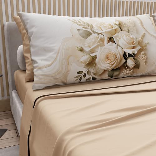 PETTI Artigiani Italiani - Cotton Sheets with Pillowcases in Digital Print, Double Bed Sheet, Sage Cream Flower Pattern, 100% Made in Italy