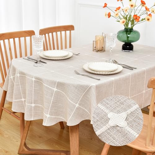 NEWISHER Farmhouse Embroidered Plaid Oval Tablecloth 60 x 102 Inch - Lattice Heavy Weight Table Cloth, Rustic Checkered Oval Table Cover, Brown Tablecloth for Dining Kitchen Home Decor Party