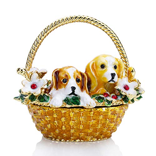 YU FENG Puppy Flower Basket Trinket Boxes Hinged Rhinestones Jeweled Painted Enameled Collectible Dog Animal Figurine Jewelry Holder Box