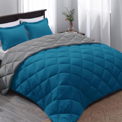"Basic Beyond Queen Comforter Set - Blue Comforter Set Queen, Reversible Bed Comforter Queen Set for All Seasons, Algiers Blue/Charcoal Gray, 1 Comforter (88""x92"") and 2 Pillow Shams (20""x26""+2"")"