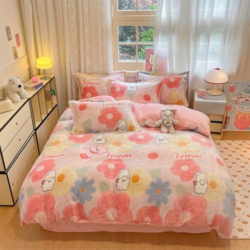 CinYana Pink Floral Duvet Cover Set Twin Size Fluffy Bedding Set Kawaii Cartoon Comforter Cover Soft Kids Duvet Cover (Pink Flowers,Twin)