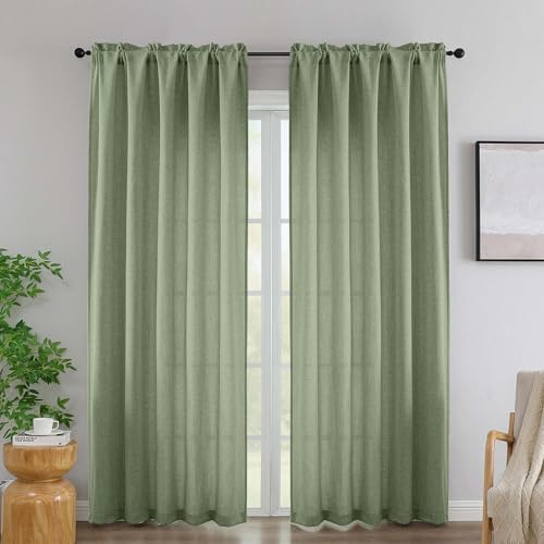 "Simplebrand Green Linen 90 Inch Curtains 2 Panels, Faux Linen Textured Semi Light Filtering Farmhouse Curtains & Drapes, Soft Airy Slub Window Curtains for Living Room Bedroom, Each 52"" Wx90 L"