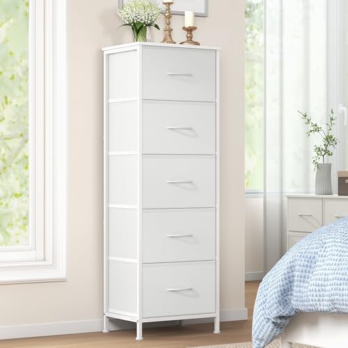 SONGMICS Chest of Drawers, 5 Fabric Drawers Storage Unit, Steel, MDF, Non-Woven Fabric, for Bedroom, Closet, Hallway, Living Room, Cloud White and Snow White LGS315WH01