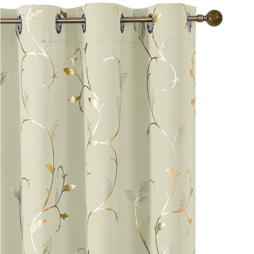 BUHUA Blackout Curtains Gold Foil Print Flower Vine Grommet Drapes, Room Darkening Thermal Insulated Curtains, Noise Reducing Curtain for Bedroom, Cream, 52Wx84L, 2 Panels