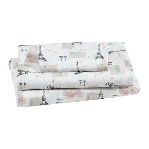 "Beatrice Home Fashions Printed Microfiber Sheet Set, Soft Comfortable Easy Care, Includes 1 Fitted Sheet with 12"" Deep Pockets, 1 Flat Sheet, Pillowcase, Twin, Paris Postale"