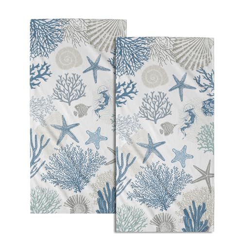 "Granbey Nautical Blue Bathroom Hand Towels 2 Pack 14""x28"" Sea Coral Starfish Kitchen Tea Dish Towels Coastal Ocean Theme Summer Soft Absorbent Face Towels for Bath Fingertip Gym Spa"