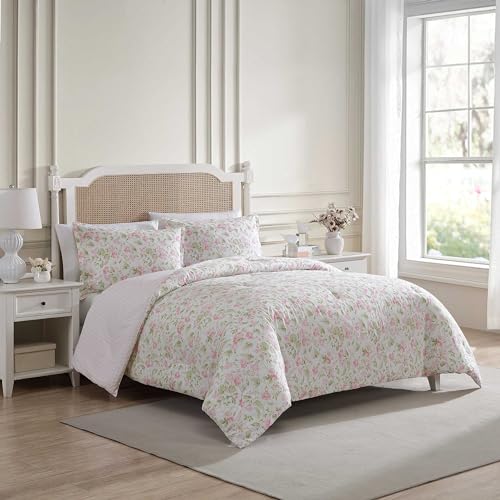 Laura Ashley - Comforter Set, Luxuriously Soft Bedding with Matching Shams & Bonus Tote Bag, Casual Home Decor (Morning Gloria Pink, Queen)