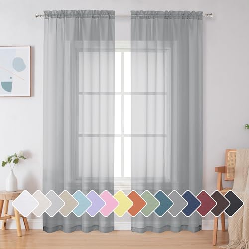 "Simplebrand Light Grey Sheer Curtains 72 Inches Long 2 Panels for Living Room, Rod Pockets Airy Window Treatments Voile Sheer Black Curtains Panels Lightweight for Front Back Patio Glass Door, 42"" W"