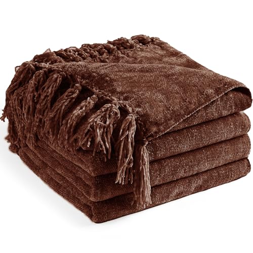 "CREATE Chenille Throw Blanket - 50""X 60"", Soft Cozy Blanket with Fringe Tassel for Bed, Sofa, Chair - Lightweight Knitted Decorative Farmhouse Boho Throw - Dark Brown"