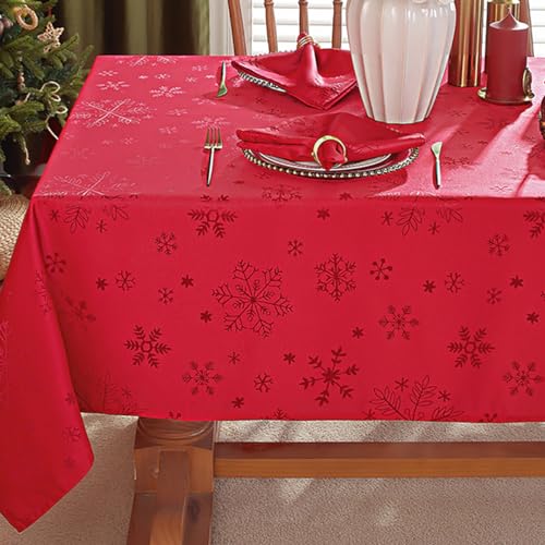 MATIRUG Christmas Table Cloth for Rectangle Tables 52x70 Inch,Waterproof Wrinkle Free Red Snowflake Jacquard Fabric Tablecloth for Xmas Winter Holiday New Year