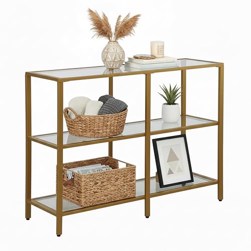 Relaxdays console table, HxWxD: 73 x 100 x 30 cm, metal, glass, slim hallway console, hall table with 3 tiers, gold