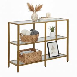 Relaxdays console table, HxWxD: 73 x 100 x 30 cm, metal, glass, slim hallway console, hall table with 3 tiers, gold