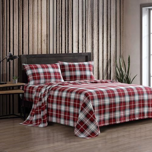 Eddie Bauer - Twin Bed Sheets, Cotton Flannel Bedding Set with Matching Pillowcase, Brushed for Extra Softness, Deep Pocket, Oeko-Tex Certified (Heartland Plaid Red)