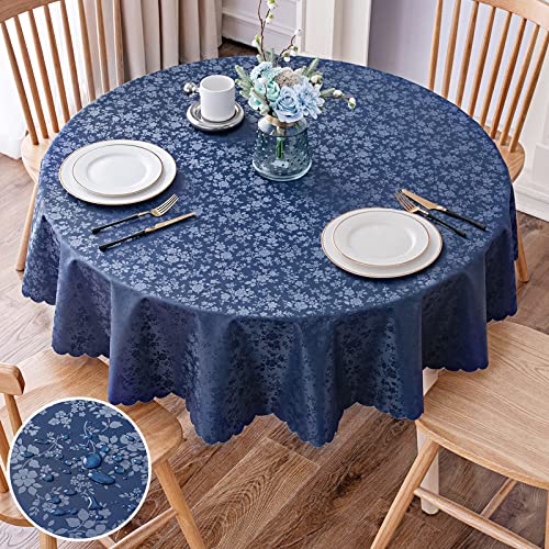 "smiry Waterproof Vinyl Tablecloth, Round Heavy Duty Table Cloth, Wipeable Table Cover for Kitchen and Dining Room (Navy Blue 1, 60"" Round)"