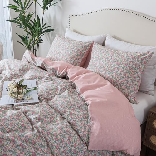 HoneiLife Floral Duvet Cover Queen - 100% Cotton Comforter Cover, Soft & Breathable Bedding Duvet Cover Sets with Zipper Closure & Corner Ties,3-PC Wildflower Comforter Cover Sets, Rose