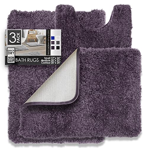 Clara Clark Bathroom Rugs, Ultra Soft Shaggy Bath Rugs - Bath Mats for Bathroom, Machine Wash, Non Slip Backing Rubber, 3 Piece Bathroom Rug Set, Purple