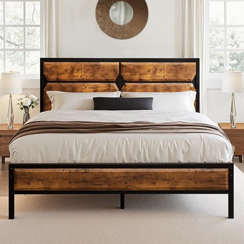 VECELO 4ft6 Bed Frame Double Bed with Wood Headboard, 135×190cm Double Bed Frame, 32cm Underbed storage, Sturdy Metal Slats Support, No Box Spring Needed, Easy Assemble