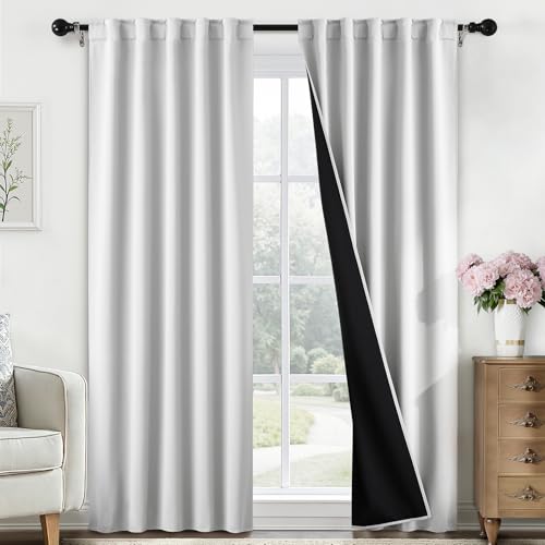 SimpleHome 100% Blackout 84 Inch White Curtains for Living Room - Curtains for Bedroom,Rod Pocket and Back Tab Window Drapes,Room Darkening Curtains with Black Back,52 x 84 Inch,2 Panels