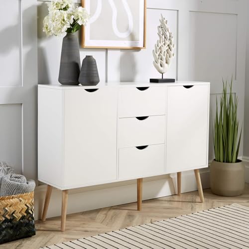 Home Source Sideboard Storage Cabinet, 2 Door, 3 Drawer Cupboard, Solid Wood Legs, White, Scandi Style