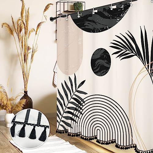 "GiuMsi Boho Mid Century Leaf Shower Curtain Set,Arch Sun Design,Minimalistic Leaves Pattern,Waterproof and Luxurious Fabric-12 Hooks(Black and White-72"" x 72"")"
