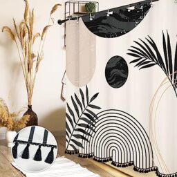 "GiuMsi Boho Mid Century Leaf Shower Curtain Set,Arch Sun Design,Minimalistic Leaves Pattern,Waterproof and Luxurious Fabric-12 Hooks(Black and White-72"" x 72"")"