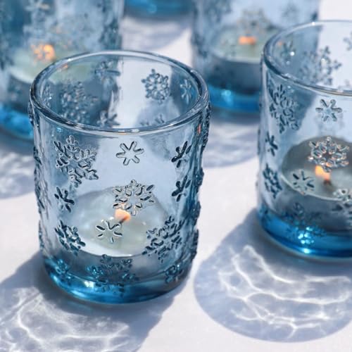 VOHO Blue Snowflakes Embossed Votive Candle Holders Set of 24, Glass Tealight Candle Holder for Seasonal Festival & Christmas Decorations, Beautiful Blue Candle Holders for Tea Lights/Votive Candles