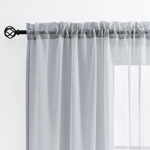 "MYSTIC-HOME Sheer Curtains 63 Inch Length, Rod Pocket Voile Drapes Treatments Semi Crinkle Curtain Panels for Yard, Patio, Parlor, Set of 2, Silver Grey, 52"" Wx63 L"