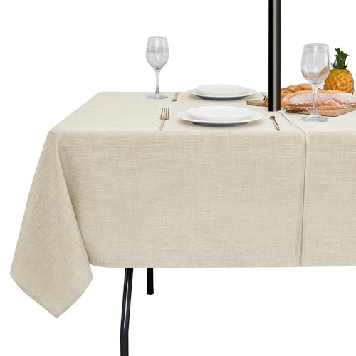 Outdoor Tablecloth with Umbrella Hole - Patio Table Cloth Zippered Rectangle 60x84 Inch, Beige Linen-Look Polyester Table Cover Water Resistant for Picnic Outside