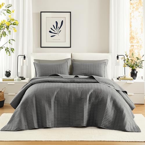 "Comfort Spaces King Quilt-All Season Bedding, Charcoal Grey Bedspread with Double Sided Stitching Design, Soft Summer Blanket Matching Shams Coverlet Kienna Collection (120""x118"") 3 Piece"