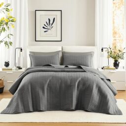 "Comfort Spaces King Quilt-All Season Bedding, Charcoal Grey Bedspread with Double Sided Stitching Design, Soft Summer Blanket Matching Shams Coverlet Kienna Collection (120""x118"") 3 Piece"
