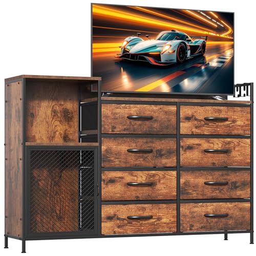 Feonase Industrial Chest of Drawers with 8 Fabric Drawers, Shelf and Side Cabinet, Metal Frame Storage Organizer for Bedroom, Living Room, Hallway, Rustic Brown