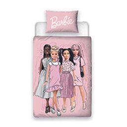 Character World Barbie Official Single Childs Duvet Cover Set - Figures Design Reversible 2 Sided Bedding Including Matching Pillow Case - Pink Single Bed Set - Polycotton