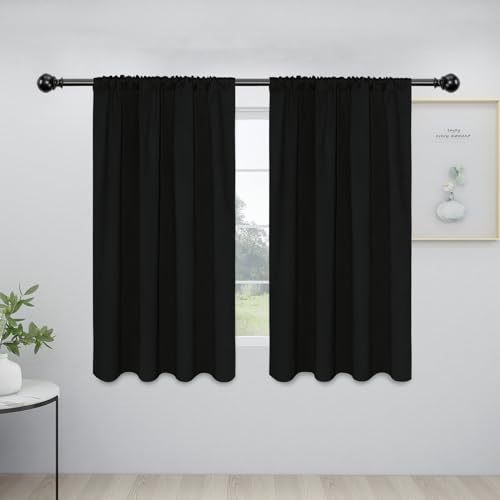 Easy-Going Rod Pocket Blackout Curtains for Bedroom, Room Darkening Window Curtains for Living Room, Thermal Insulated Noise Reduction Solid Window Drapes, 2 Panels(34x54 in, Black)