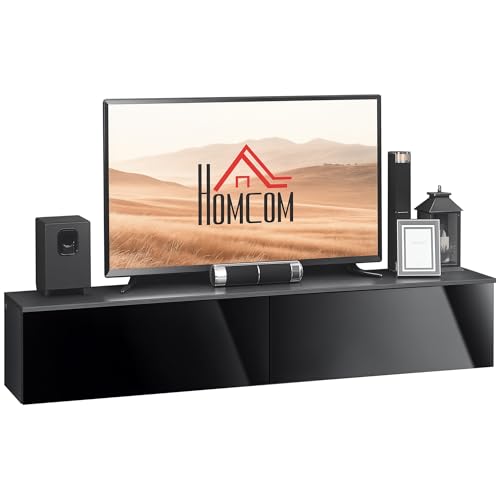 "HOMCOM 160cm High Gloss Floating TV Unit Stand for TVs up to 70"", Wall Mounted TV Cabinet with Storage Cupboards, Grey and Black"