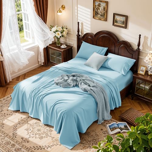 "LBRO2M 100% Cotton Sheets Set Deep Pocket 19"", 1000 Thread Count King Size 4 Piece Bed Sheet Sets Soft Comfortable Bedding All Season (King, Light Blue)"
