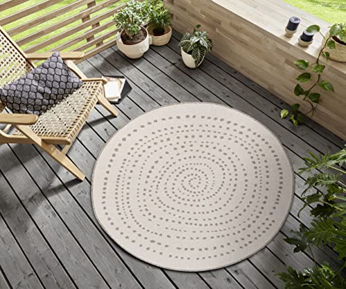 NORTHRUGS Bali Indoor and Outdoor Rug Round Diameter 140 cm – Reversible Rug Weatherproof Modern Dots Design Runner for Balcony Patio Garden Conservatory Living Room Rug Waterproof in Linen