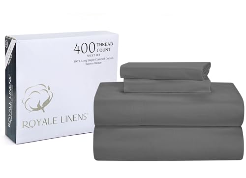 Royale Linens 400 Thread Count 100% American Grown Cotton 4 Piece Sateen Queen Sheet Set - 1 Fitted, 1 Flat Sheet, 2 Pillow case - Grey Bedsheet Set - Cooling Cotton Sheets - (Queen, Spanish Slate)