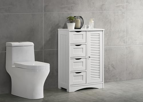Timber Art Design Bathroom Freestanding Cabinet 1 Door 4 Drawer (White)