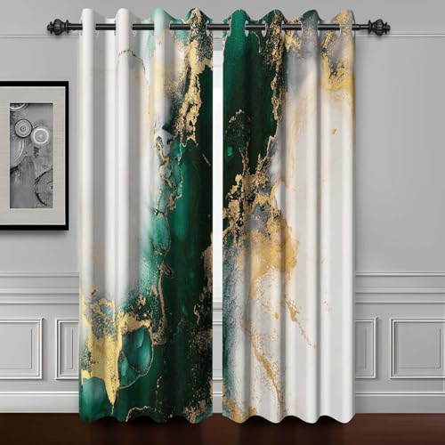 "Green Gold Luxury Marble Blackout Curtains 80 inch Long,2 Panels 28""Wx80""L - Room Darkening Window Curtains,Polyester Thermal Insulated Drapes,Grommet Window Drapes,for Bedroom Living Room Dining Room"