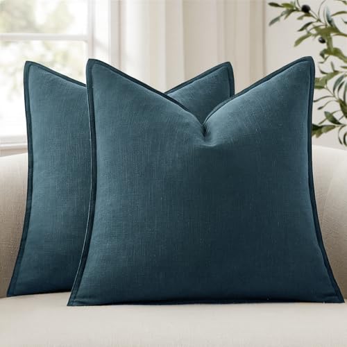 ANRODUO Pack of 2 Decorative Linen Pillow Covers Dark Blue Euro Sham Neutral Farmhouse Boho Soild Cushion Case Soft Accent Pillowcase for Couch Sofa Bedroom Living Room Home Decor 22 x 22 Inch