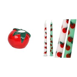 Tomato Ceramic Candle Holder & Tomato Design Tapered Dinner Candles Bundle
