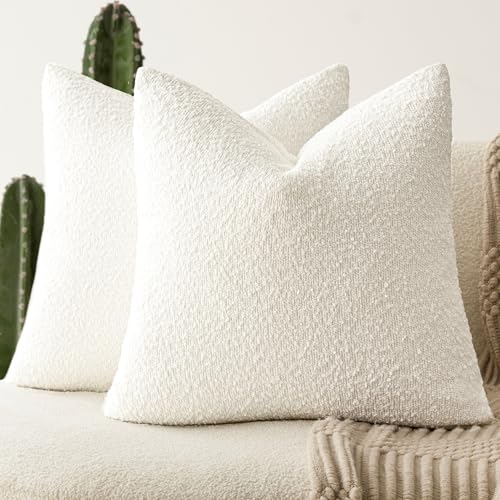 Foindtower Set of 2, Decorative Textured Boucle Throw Pillow Covers Accent Solid Pillow Cases Neutral Soft Cozy Couch Cushion Case for Chair Sofa Bedroom Living Room Home Decor 16 x 16 Inch White