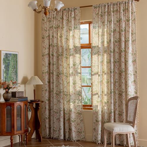 ENJOYBRIDAL Pink Floral 63 Inch Curtains 2 Panel Set Bedroom Semi Sheer Drapes Short Living Room Farmhouse Window Curtain Panels Boho Dining Room Decor Rod Pocket Tassel Window Treatments