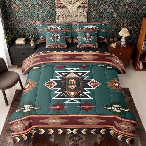 Erosebridal Western Queen Comforter Set with Sheets - Southwestern Decor Geometric 7-Piece Bedding Set Farmhouse Aztec Bed in a Bag, Stripes Diamond Triangle Bed Sets,Green