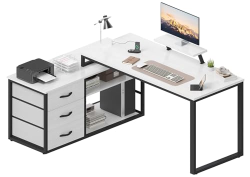 TRIUMPHKEY L-Shaped Desk with 3 Drawers, 140 x 100 x 75 cm, Corner Desk with Shelves, Reversible L-Shape Design with 2 USB Charging Ports & 2 Power Outlets, Home Office Desk, Gray