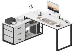 TRIUMPHKEY L-Shaped Desk with 3 Drawers, 140 x 100 x 75 cm, Corner Desk with Shelves, Reversible L-Shape Design with 2 USB Charging Ports & 2 Power Outlets, Home Office Desk, Gray