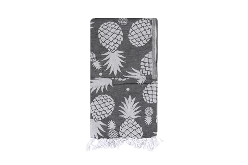 Foutastic 100% Cotton Fouta Beach Towel, Pineapple Pattern, 100 x 180 cm, Absorbent, Soft, Charcoal & Grey, Machine Washable