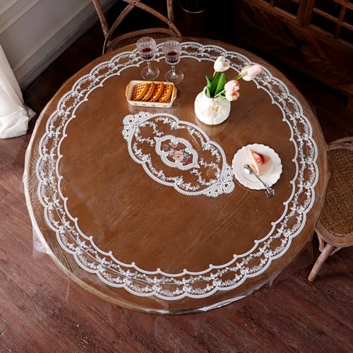 Artbloss Clear Table Cover Protector Plastic Vinyl Table Cloth with White Lace Pattern Oil Spill Proof Plastic Tablecloths for Dining Tables Parties Holidays (French Lace, 60 Inches Round)