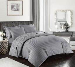 Kampala Hill Egyptian Cotton 400 Thread Count Double Duvet Hotel Quality Cover Satin Stripe Bedding Set, Silver