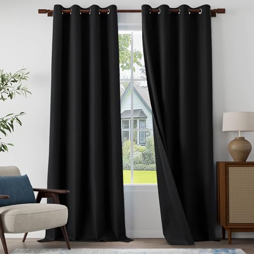 "Extra Lenght 100% Blackout Curtains 120 Inch Length 2 Panels Set for Living Room, Bedroom, Light Weight Curtains with Grommets Top, Full Blackout Curtains Privacy Protection, Black, 52"" W x 120"" L"